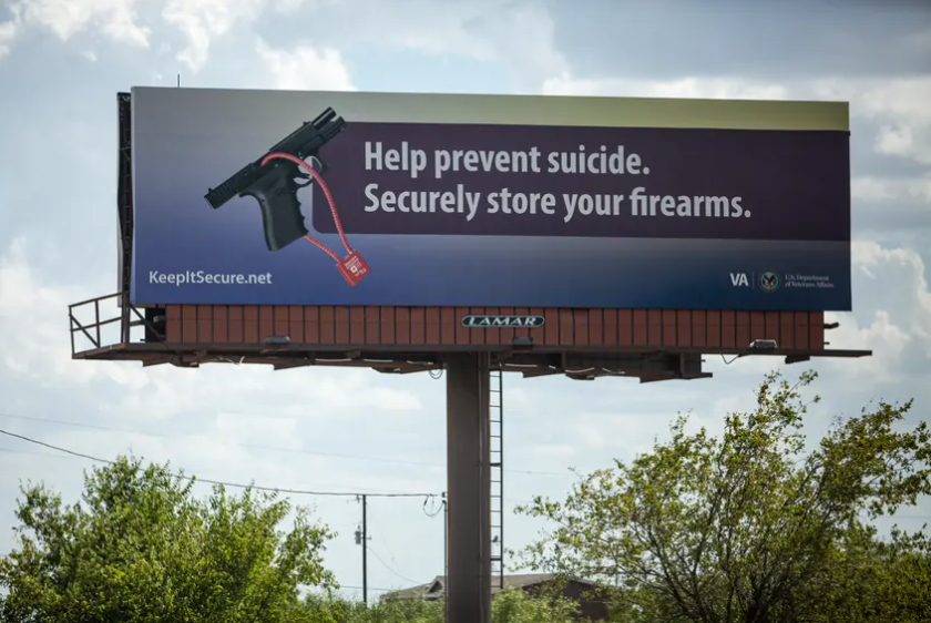 A billboard about firearm safety is displayed off Highway 130 outside Austin, TX. 
