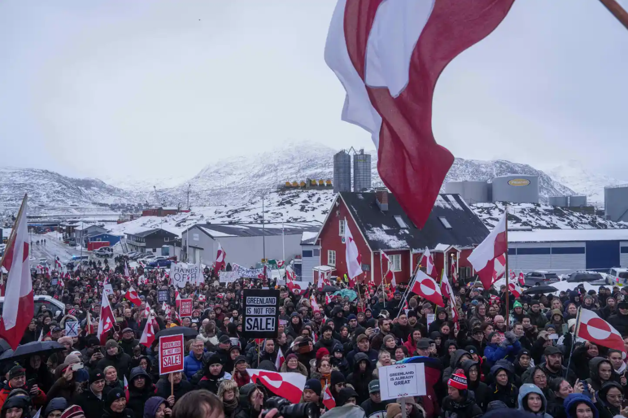 People protest against Trump’s policy towards Greenland in front of the US consulate in Nuuk, Greenland, Saturday, Jan. 17, 2026.