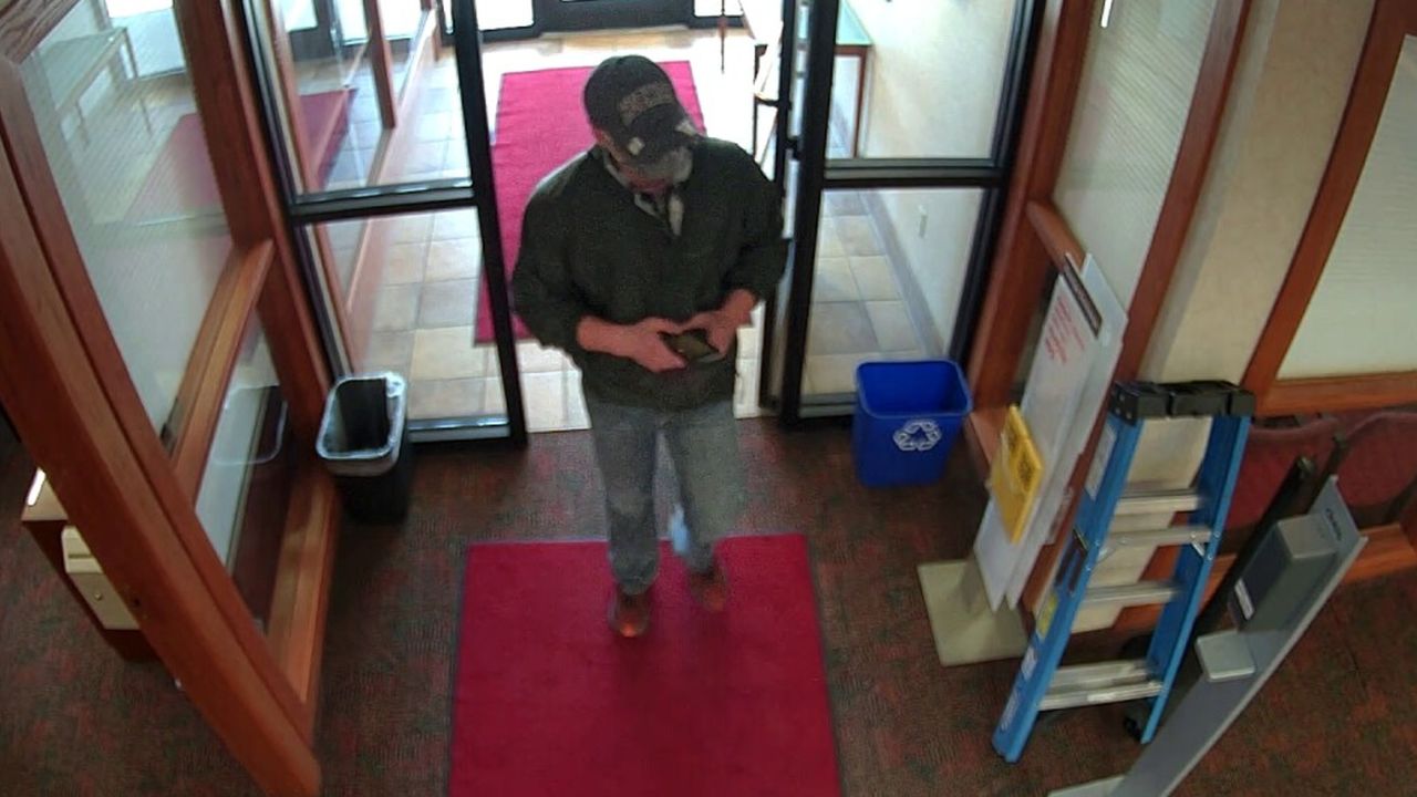 Bank robber wearing blue jeans, green jacket, and baseball cap with “Huskies” on it.