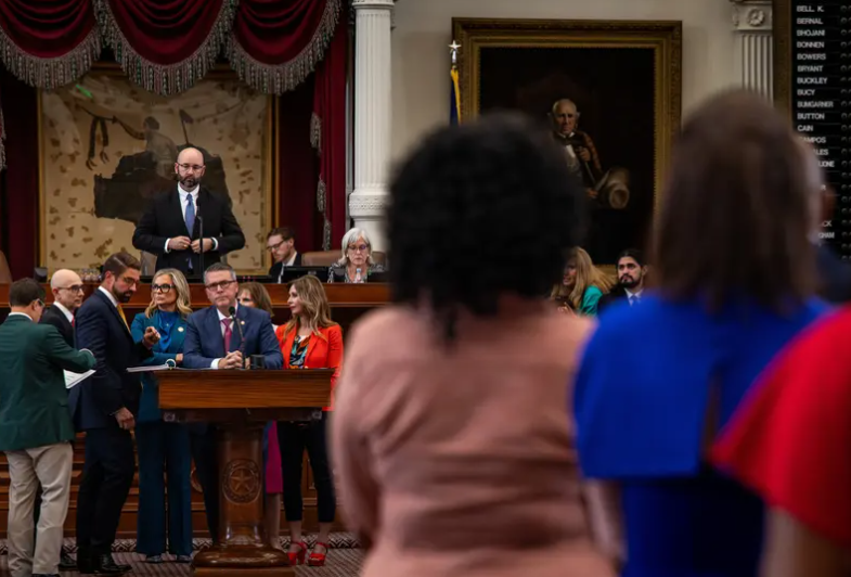 State Rep. Brad Buckley, R-Salado, answers questions regarding an amendment for Senate Bill 2 in the House Chamber in Austin on April 16, 2025. Lawmakers gave initial approval to the school voucher legislation early Thursday.