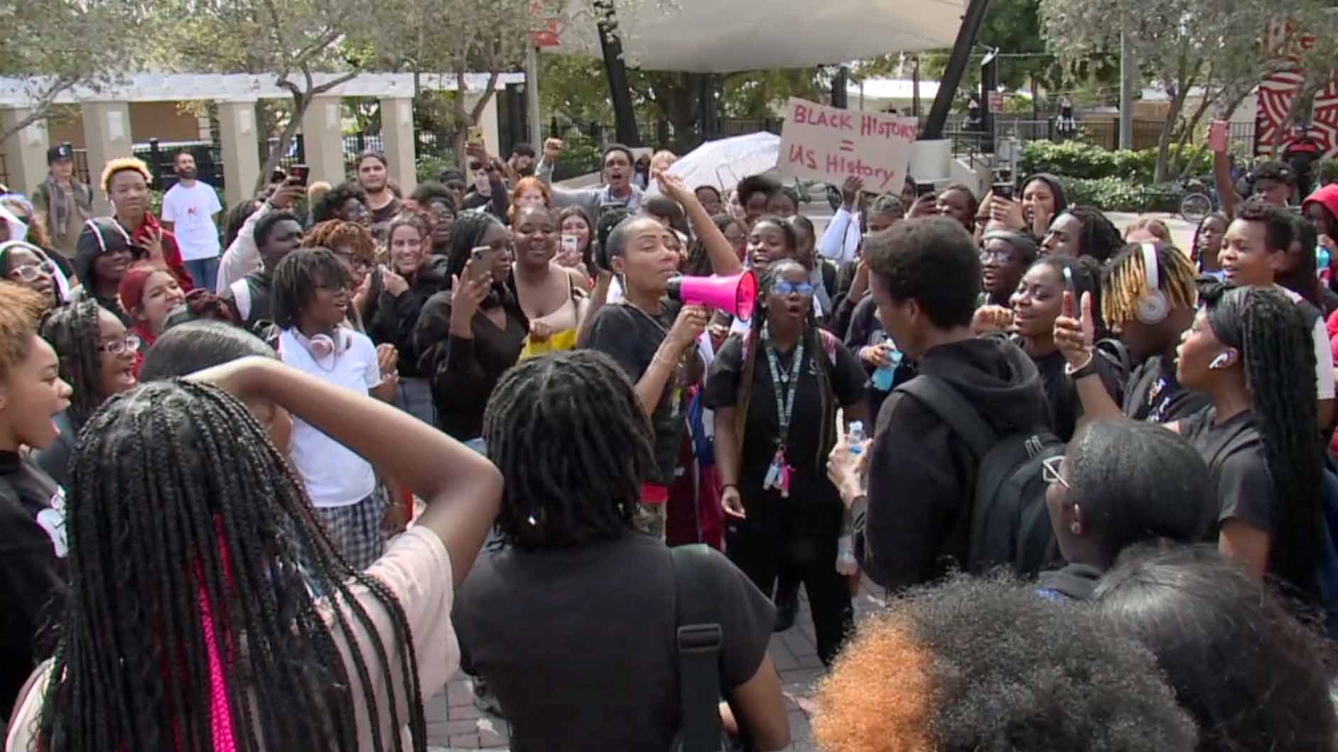 Students at Atlantic Community High School in Delray Beach on Feb. 17, 2023, protested the state banning a new Advanced Placement course in African American studies.