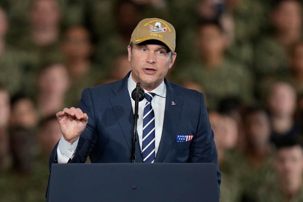 U.S. Defense Secretary Pete Hegseth speaks to soldiers and servicemen ahead of the arrival of U.S. President Donald Trump to the USS George Washington at the U.S. Navy's Yokosuka base in Yokosuka, south of Tokyo, Tuesday, Oct. 28, 2025. 