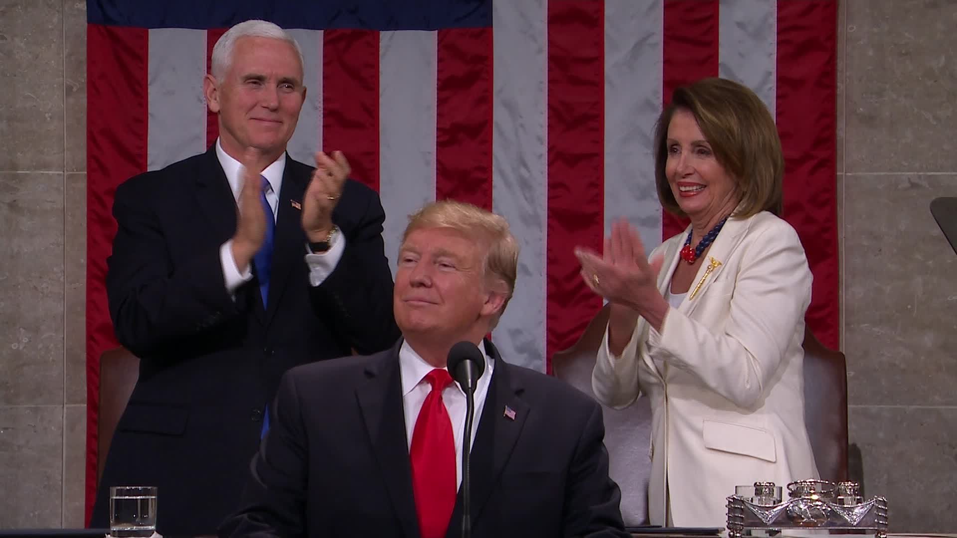 Mike Pence (left), Donald Trump (center) and Nancy Pelosi (right)