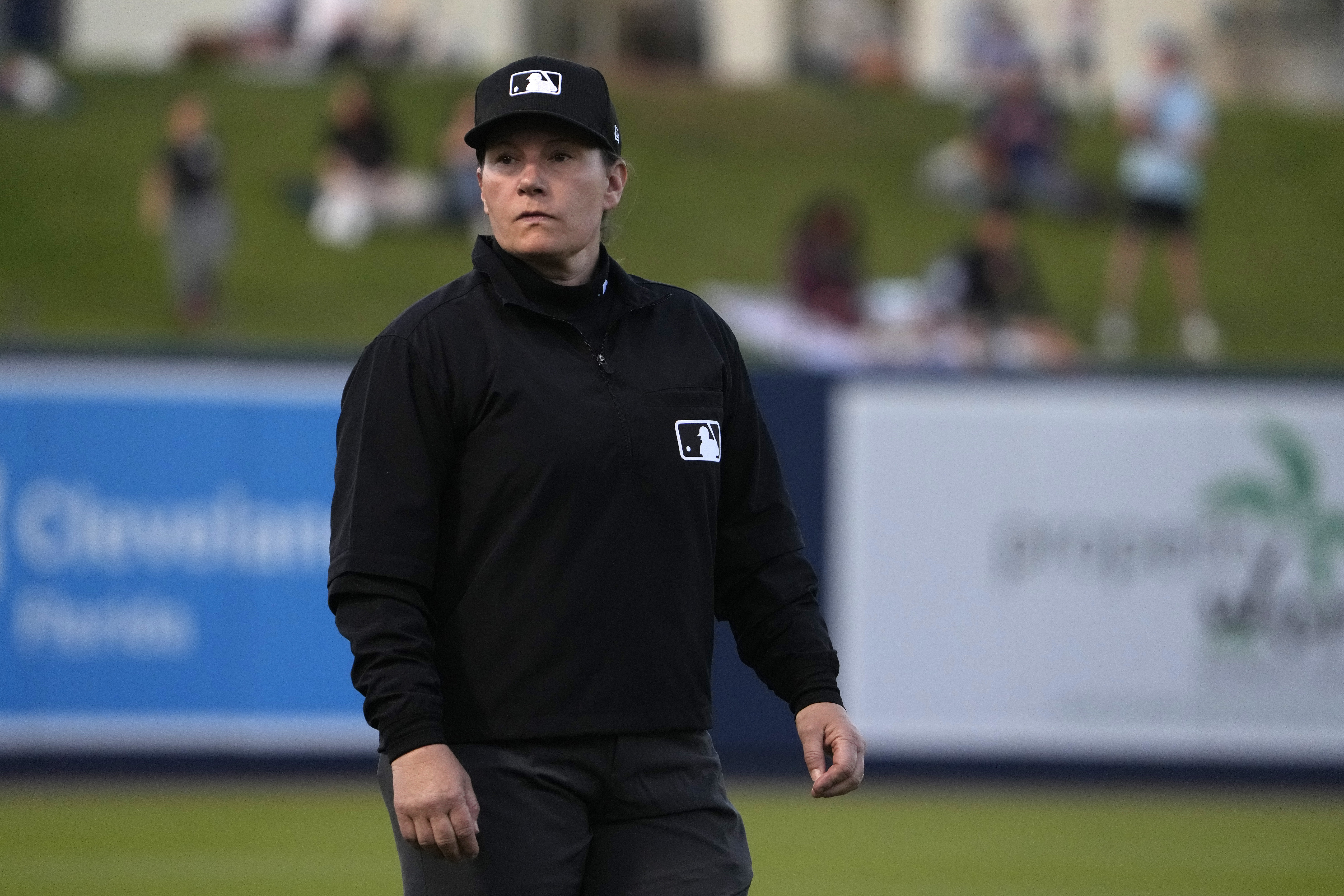 Umpire Jen Pawol takes up her position at third base during spring training game between Washington Nationals and Houston Astros, Feb. 24, 2024