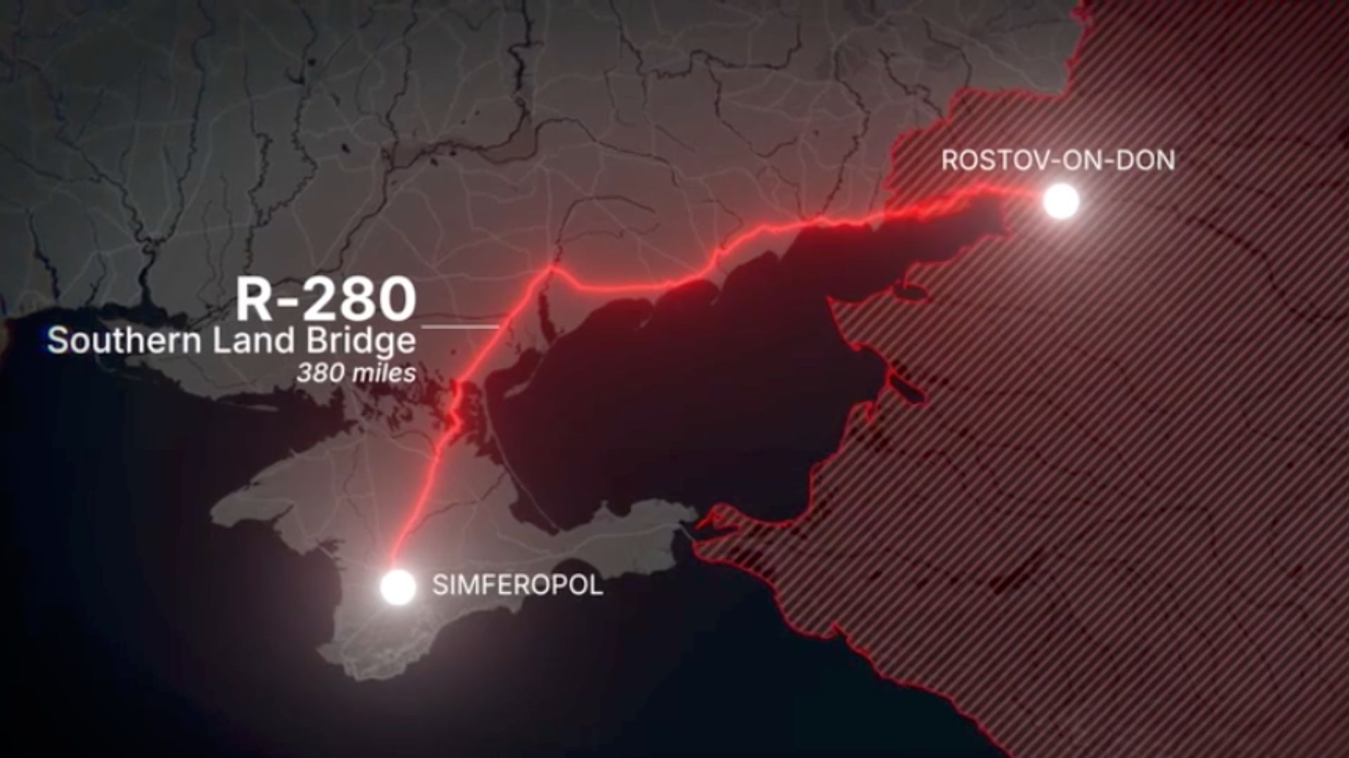 This graphic shows the R-280 Southern Land Bridge connecting Russia to the Ukrainian peninsula of Crimea.
