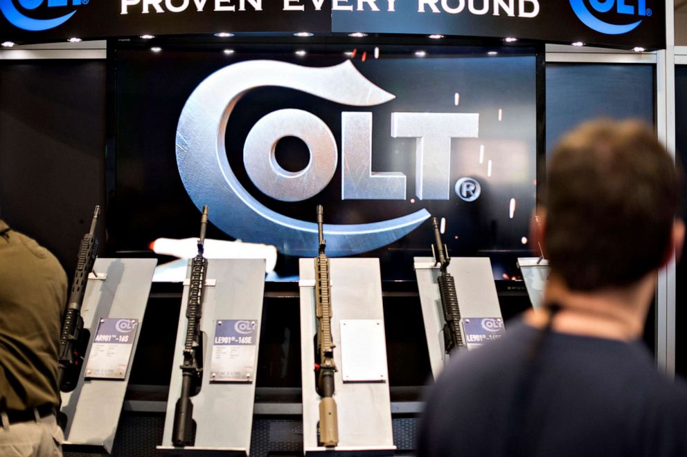 PHOTO:Rifles sit on display in the Colt's Manufacturing Co. booth on the exhibition floor of the 144th National Rifle Association (NRA) Annual Meetings and Exhibits in Nashville, Tenn., April 11, 2015. Daniel Acker/Bloomberg via Getty Images