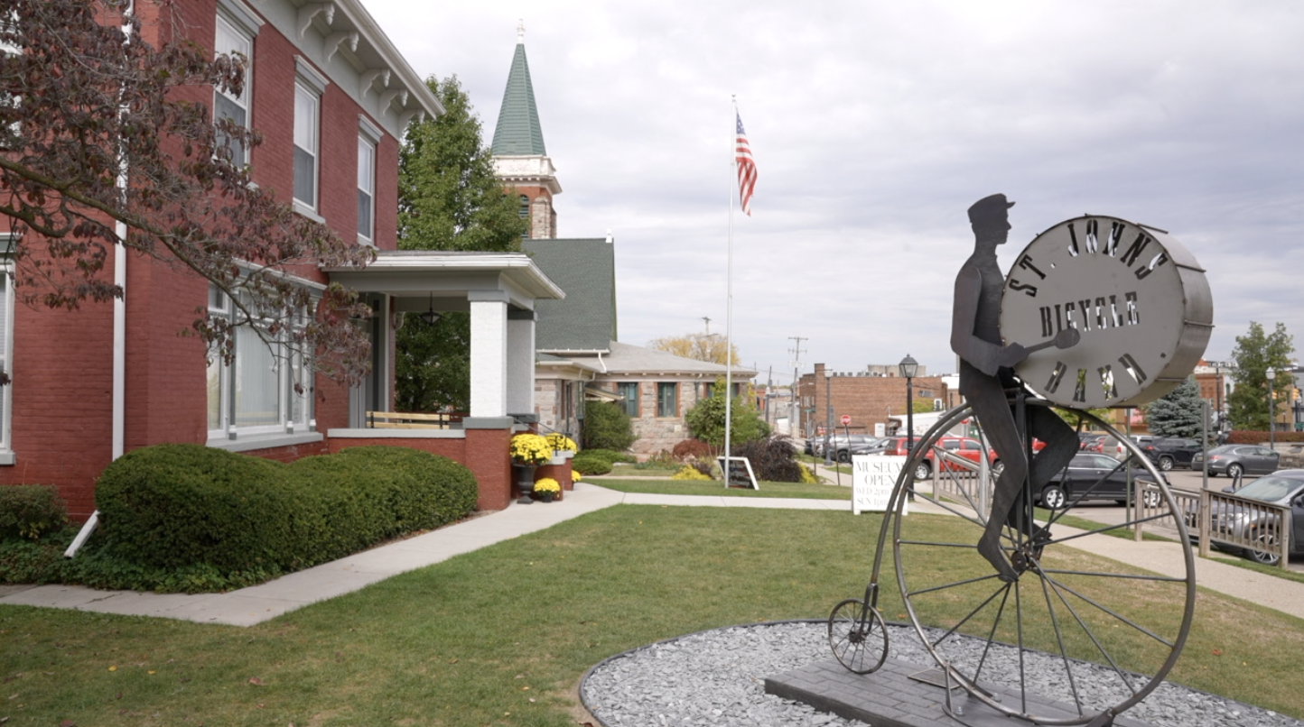 'The Drummer,' created by Ivan Iler, sits outside the Clinton County Historical Society Museum in St. Johns