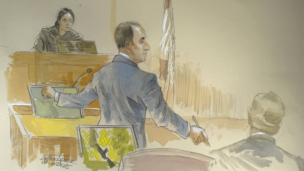 This courtroom sketch shows lead government prosecutor John Shipley speaking during the opening statements of the during the trial of Ryan Routh, who is charged with attempting to assassinate Donald Trump last year at a golf course in South Florida, Thursday, Sept. 11, 2025, in Fort Pierce, Fla.  
