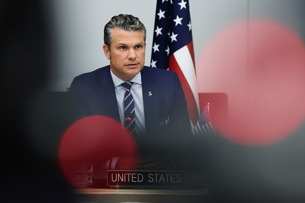 United States Defense Secretary Pete Hegseth addresses a meeting of the Ukraine Defense Contact Group at NATO headquarters in Brussels, Wednesday, Oct. 15, 2025.