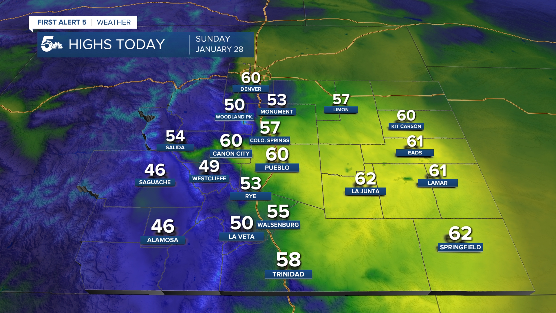 Highs in southern Colorado on Sunday January 28th