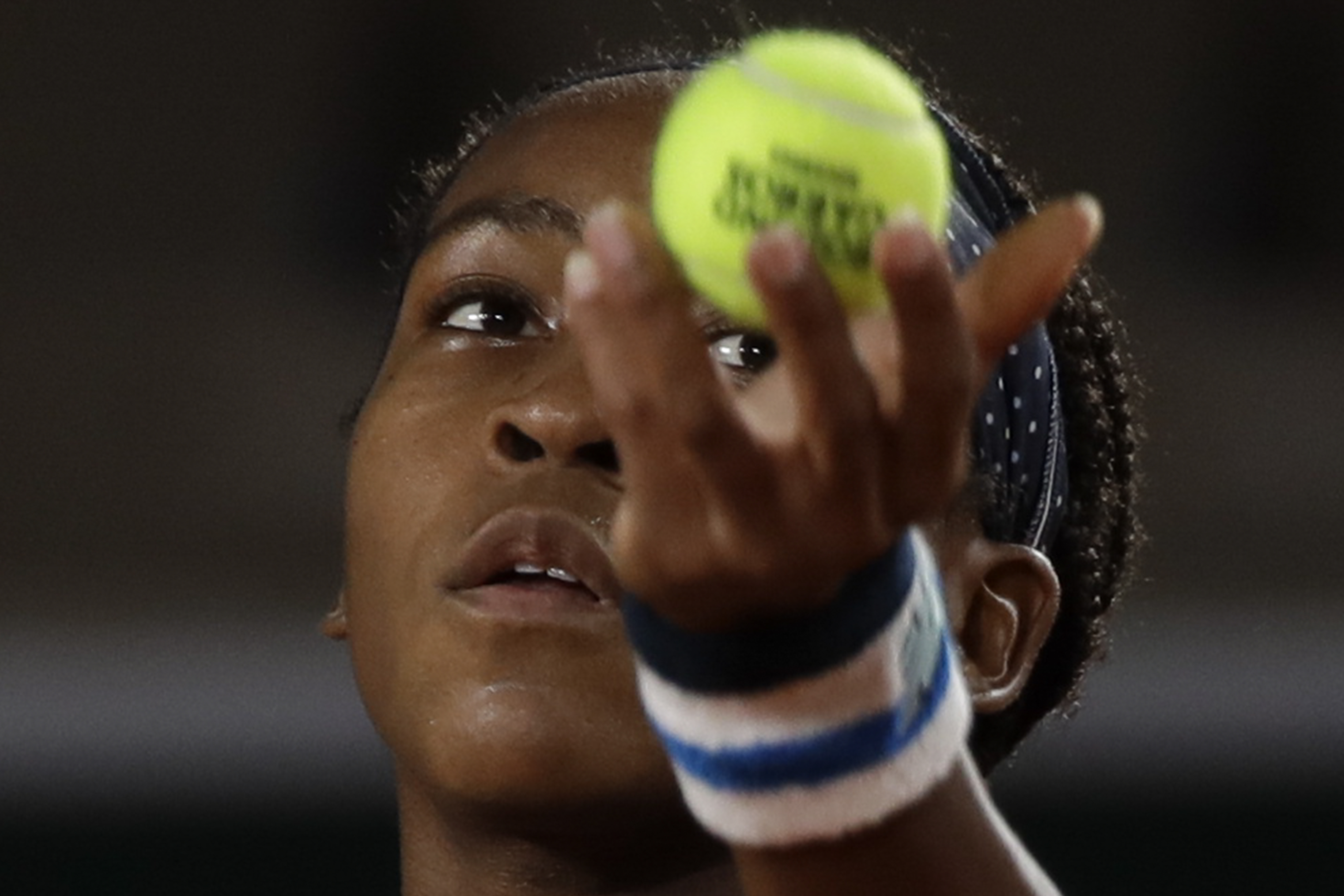 Coco Gauff serves during French Open, Sept. 30, 2020