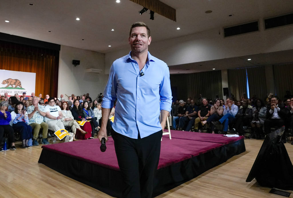 California gubernatorial candidate, Rep. Eric Swalwell, D-CA, appears at a town hall meeting in Sacramento, Calif., Tuesday, April 7, 2026. 
