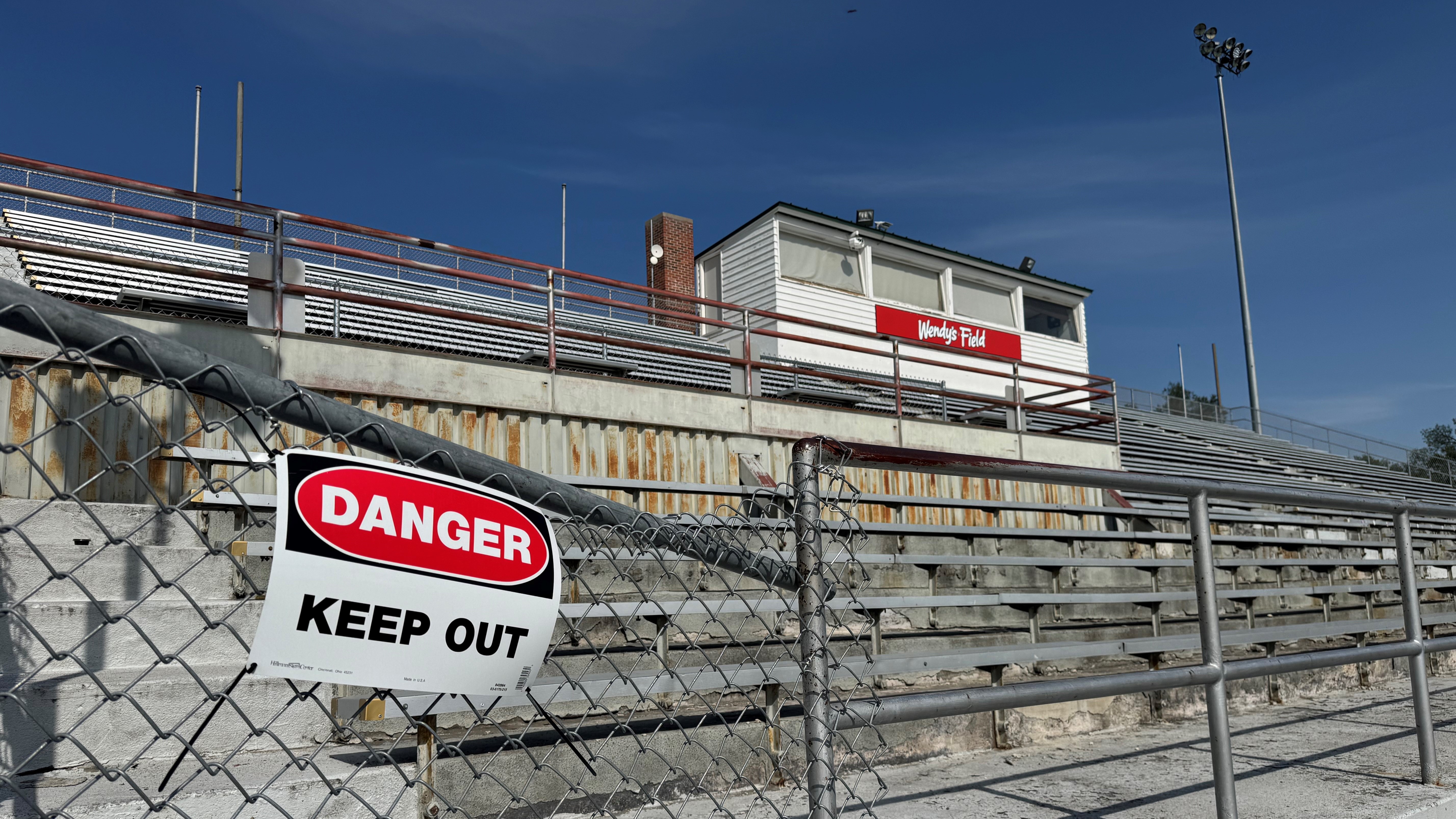 Daylis Stadium west grandstand warning