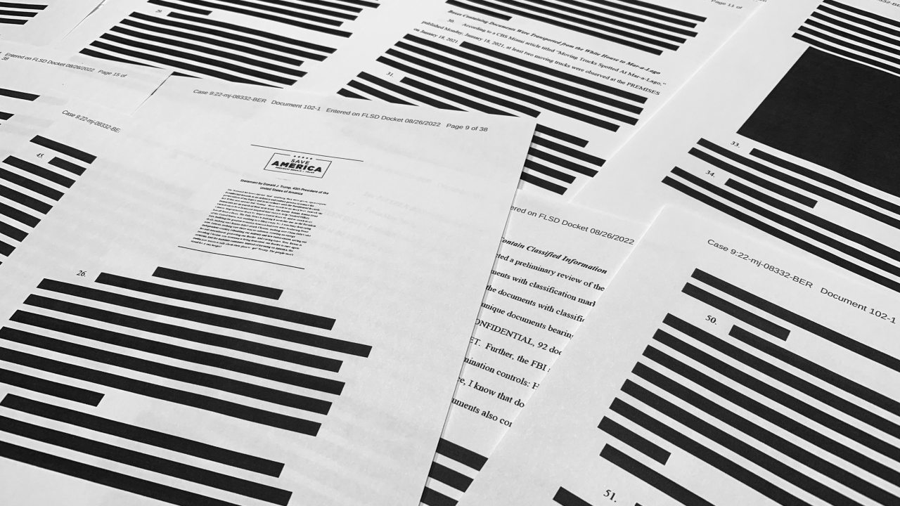 Pages from the affidavit by the FBI in support of obtaining a search warrant for Donald Trump's Mar-a-Lago estate