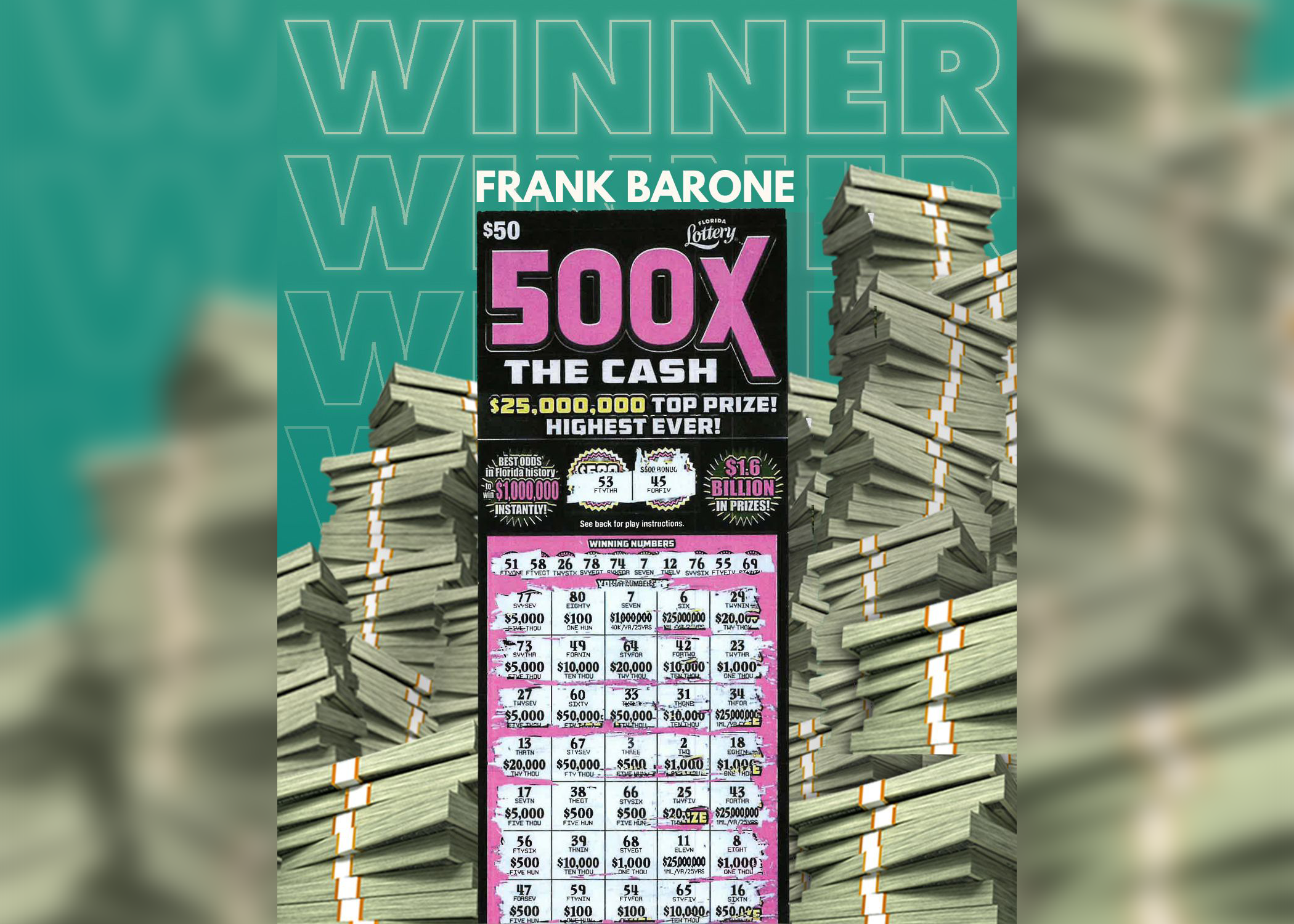 Frank Barone 500x cash scratch off winner