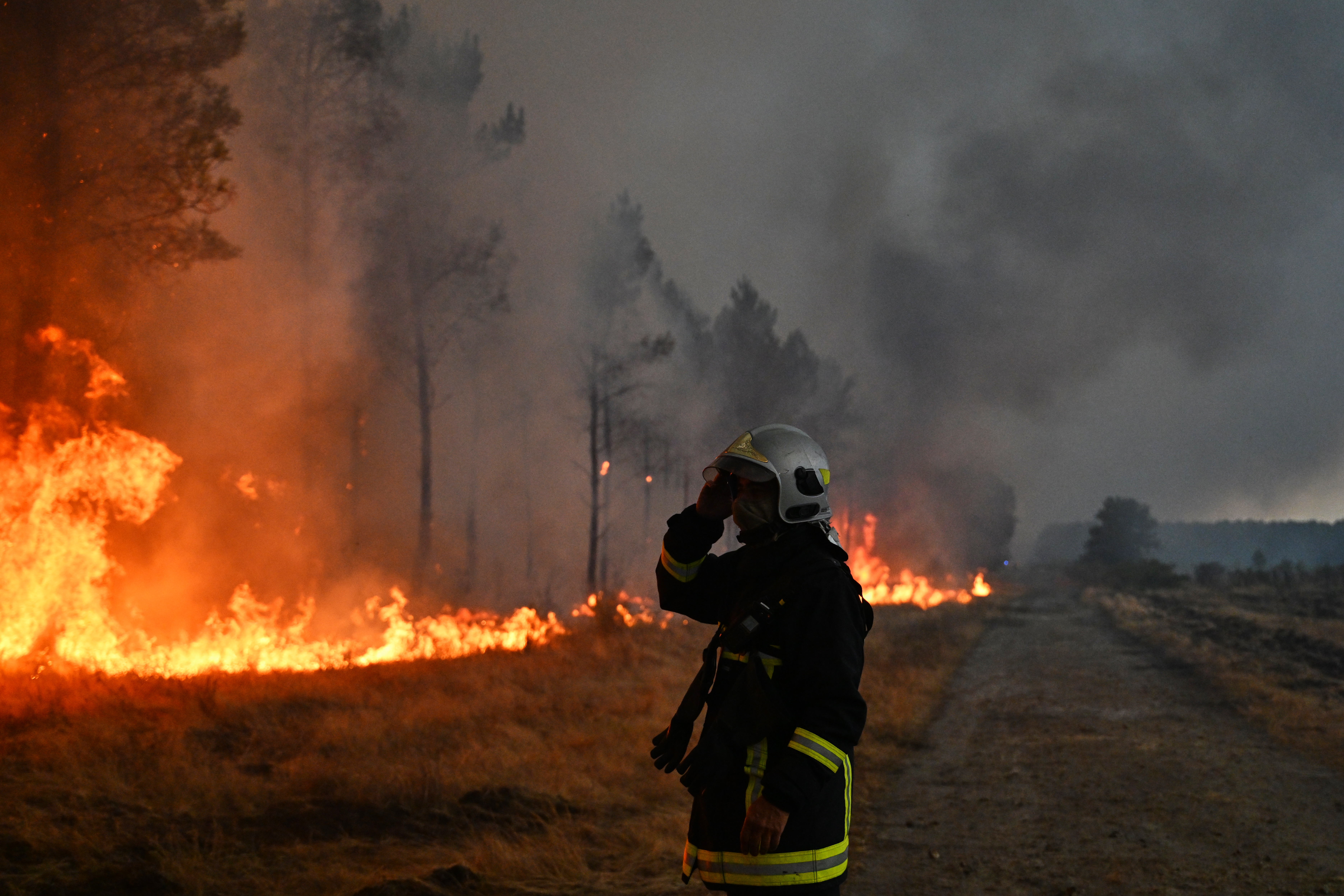 A firefighter gestures next to burning trees as a wildfire rages near Marcheprime, outside, Bordeaux, France, Sunday, July 26, 2026.