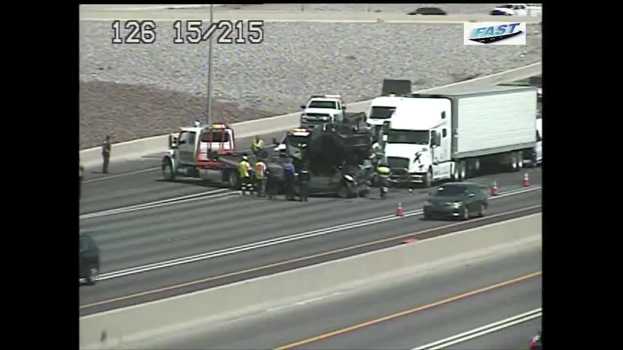 Southbound lanes blocked after crash on I-15 at 215 interchange