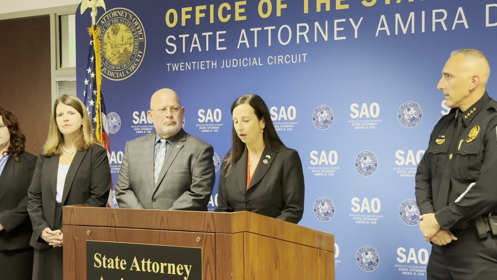 State Attorney Amira Fox announces indictments for two Fort Myers men from her podium. 