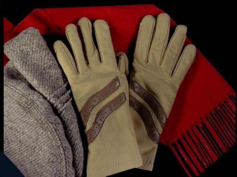 Gloves, wool scarf and hat