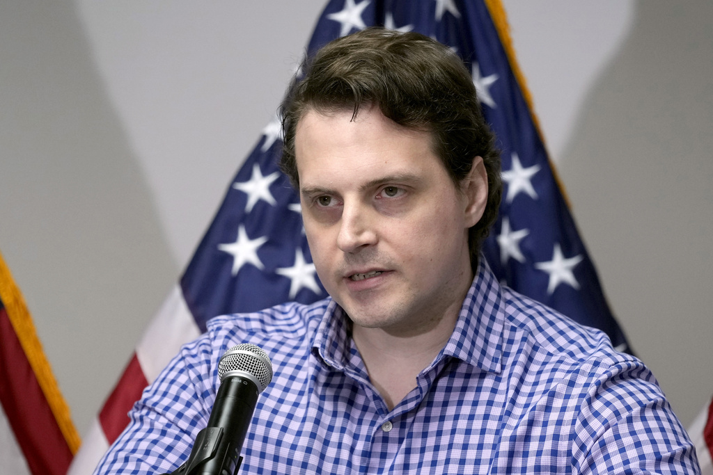 Metropolitan Police Officer Daniel Hodges speaks during a news conference at the Democratic National Committee Headquarters in Washington, Monday, April 1, 2024. Hodges was working and responded to the riot on Jan. 6 at the U.S. Capitol. 