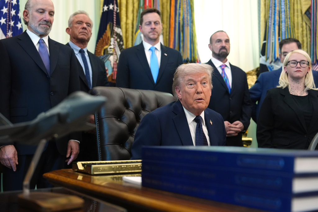 President Donald Trump speaks during an event on health care affordability in the Oval Office at the White House, Thursday, April 23, 2026, in Washington. 