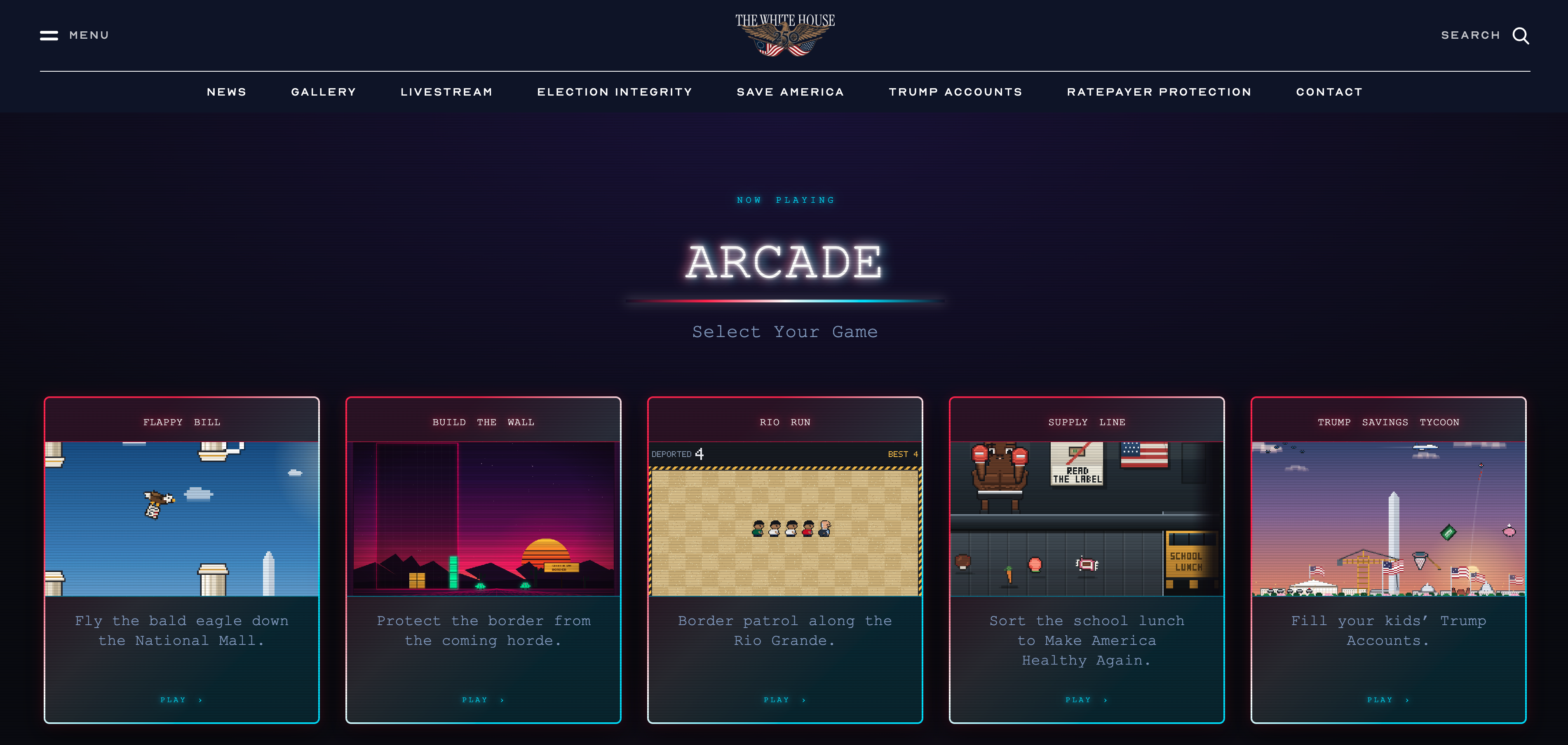 A screenshot of the White House website showing arcade-style games that allow users to arrest immigrants and build a border wall
