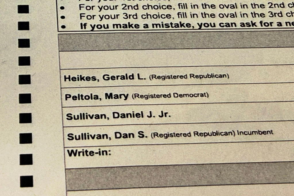 A sample election ballot is displayed in Anchorage, Alaska, on Friday, Oct. 23, 2026.