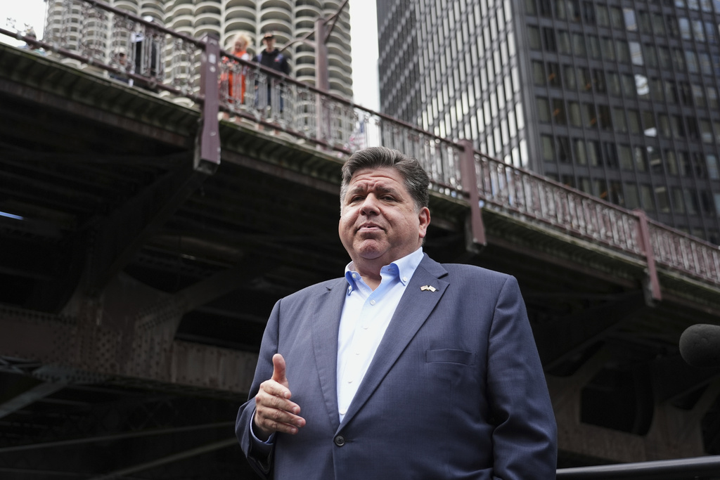 Illinois Governor JB Pritzker speaks at a news conference in a Chicago water taxi Monday, August. 25, 2025, in Chicago. 