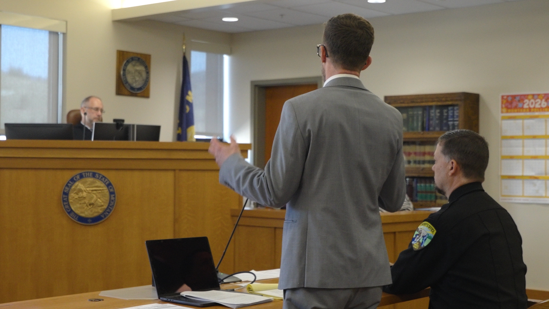 Paul Leisher (Left) and Mineral County Sheriff Ryan Funke (Right) in front of Missoula District Court Judge Shane Vannatta 