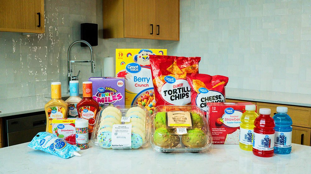This image shows an assortment of Walmart Great Value brand groceries.