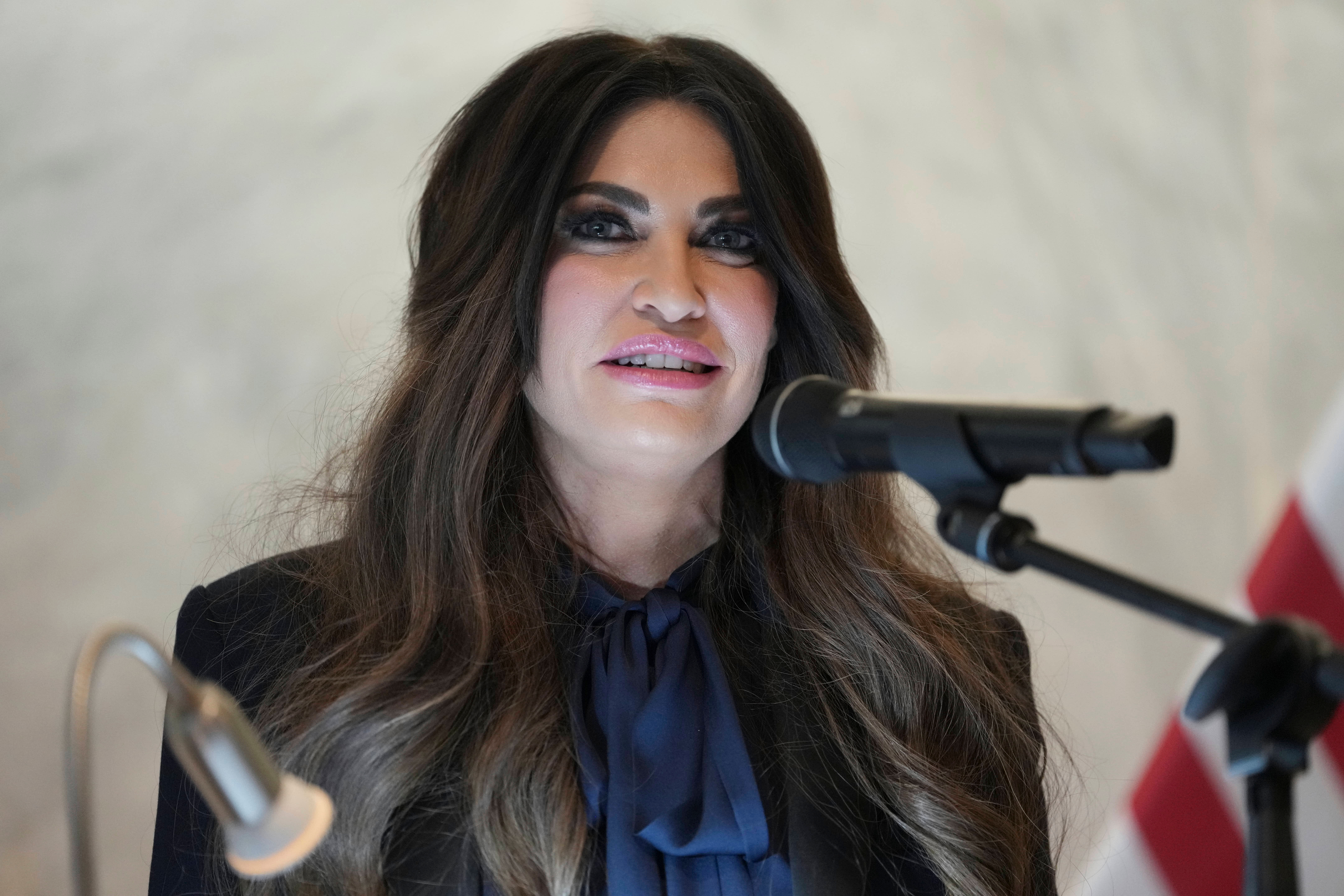 U.S. Ambassador to Greece Kimberly Guilfoyle speak during a dedication ceremony at the chancery of the U.S. Embassy, Wednesday, Oct. 7, 2026, in Athens, Greece.