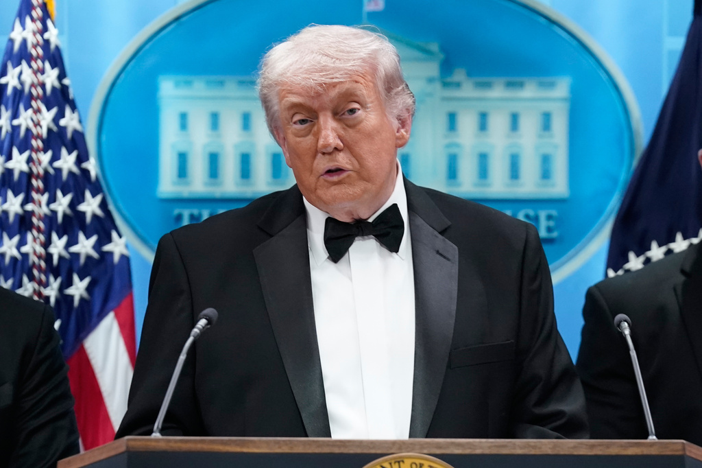 President Donald Trump speaks in the James Brady Press Briefing Room at the White House after an unspecified threat at the annual White House Correspondents' Association Dinner in Washington, Saturday, April 25, 2026.