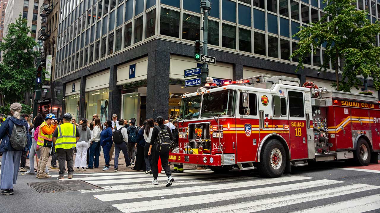 A firetruck is parked at the intersection of 3rd Avenue and East 42nd Street after buildings in the area were evacuated, Tuesday, July 7, 2026, in New York.