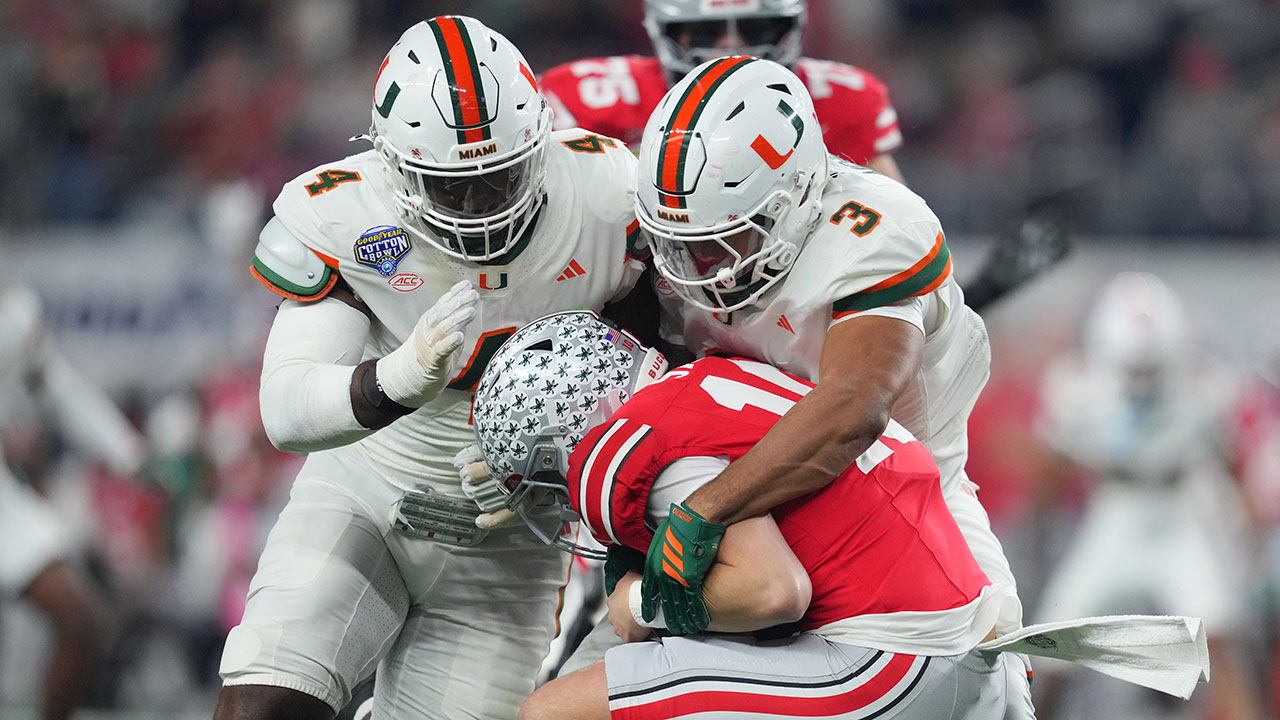 Ohio State quarterback Julian Sayin, center, is sacked by Miami defensive lineman Rueben Bain Jr., left, and defensive lineman Akheem Mesidor during the first half of the Cotton Bowl College Football Playoff quarterfinal game Wednesday, Dec. 31, 2025, in Arlington, Texas. 