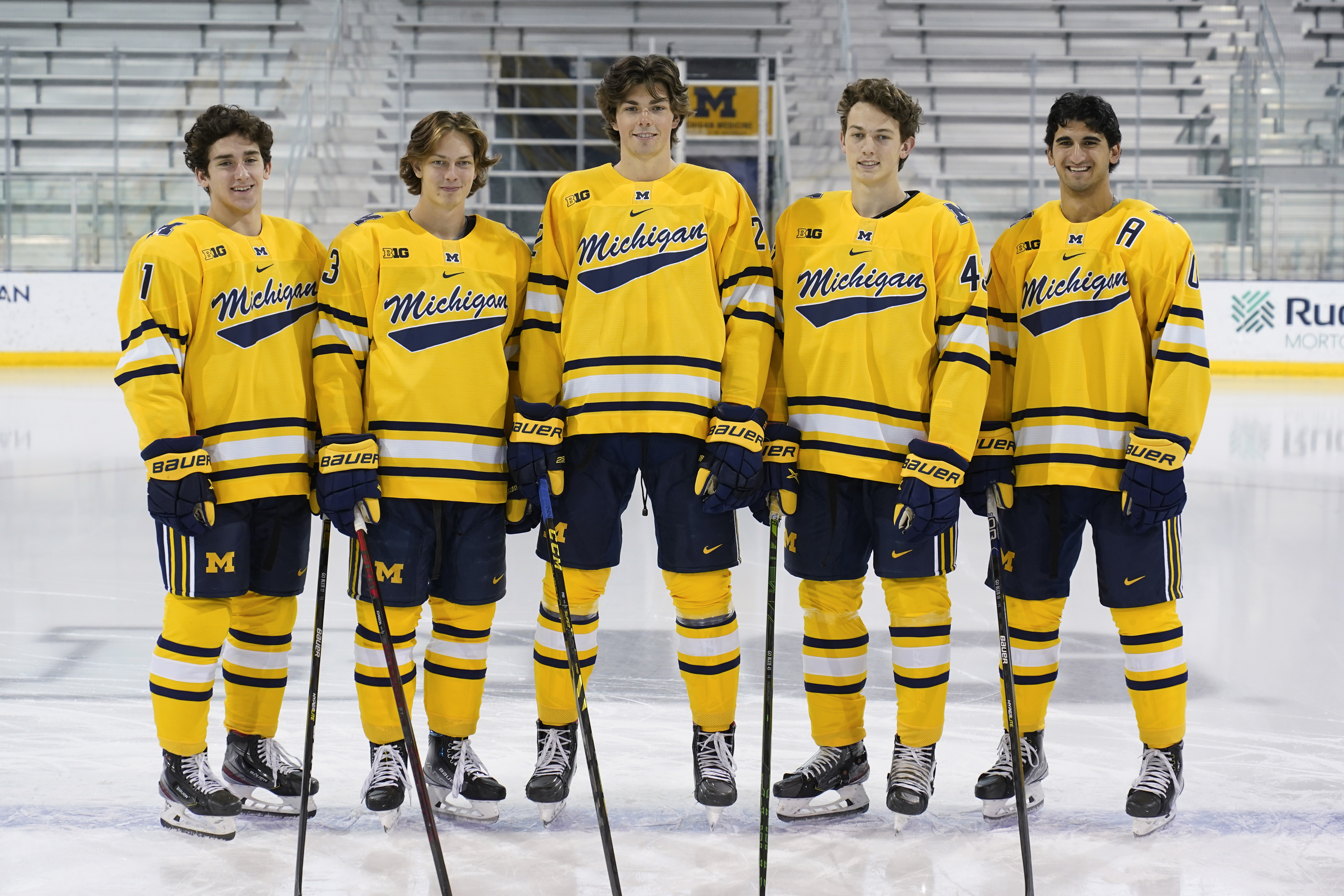 FILE Mackie Samoskevich, Kent Johnson, Owen Power, Luke Hughes and Matty Beniers