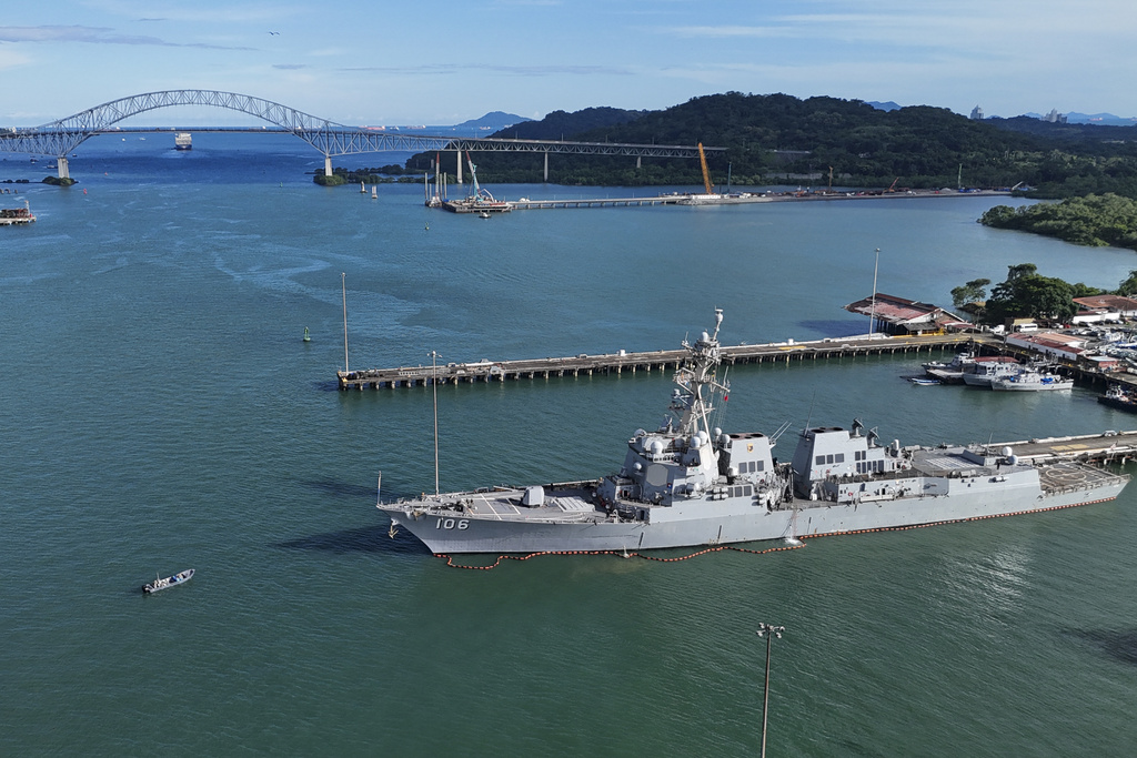 The U.S. Navy warship USS Stockdale docks in the Panama Canal at the Vasco Nunez de Balboa Naval Base in Panama City, Saturday, Sept. 20, 2025.