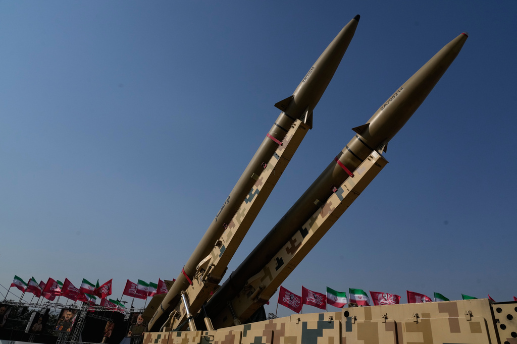 Iranian domestically-built Zolfaghar, left, and Zolfaghar Bassir missiles are displayed by the armed forces in a temporary exhibition at Azadi (Freedom) square in Tehran, Iran, Wednesday, July 29, 2026. 