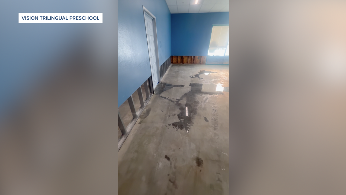 Some of the damage done to the walls and floor at Vision Trilingual Preschool.
