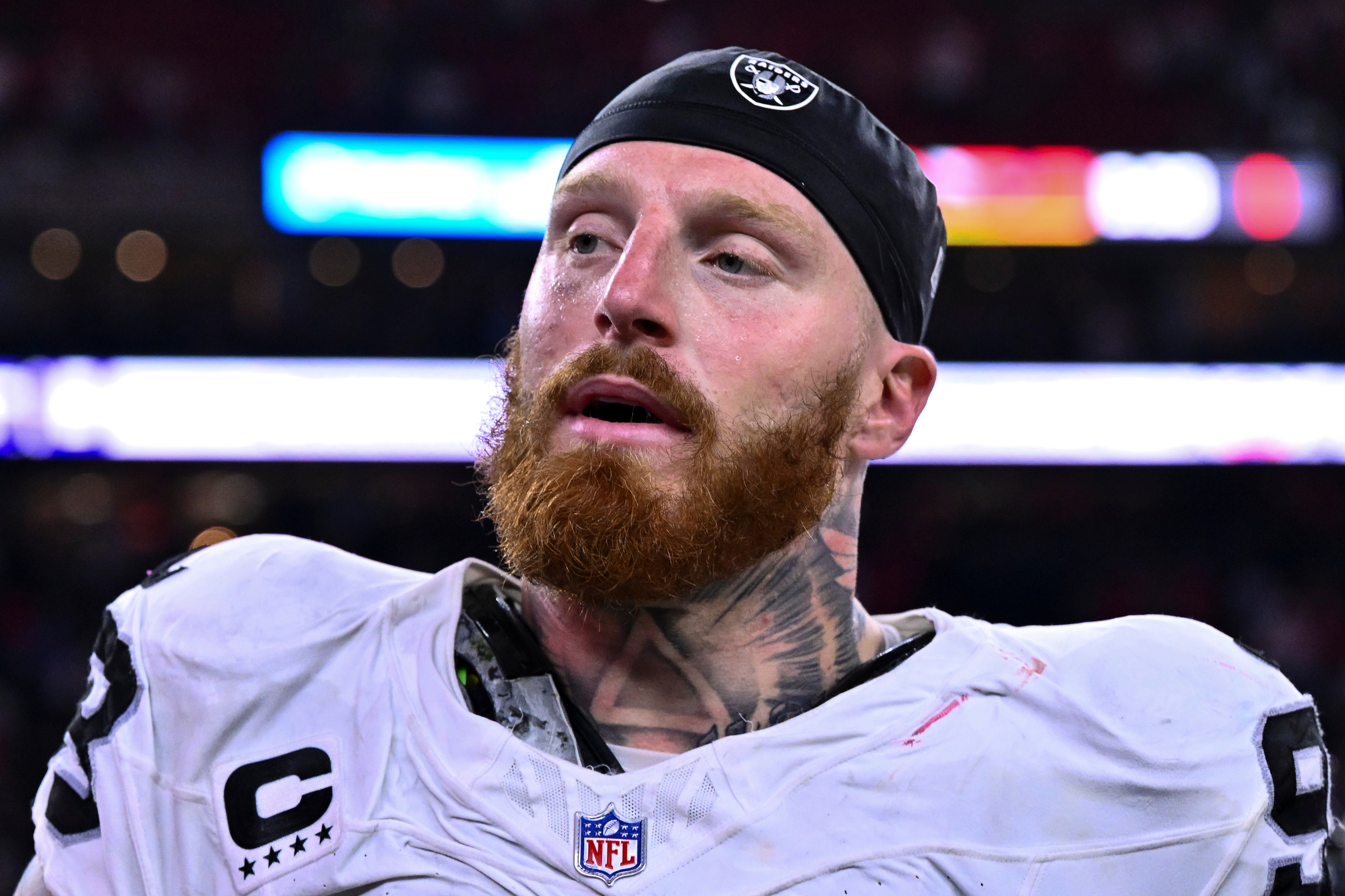 Las Vegas Raiders defensive end Maxx Crosby (98) looks on after an NFL football game against the Houston Texans, Sunday, Dec. 21, 2025, in Houston