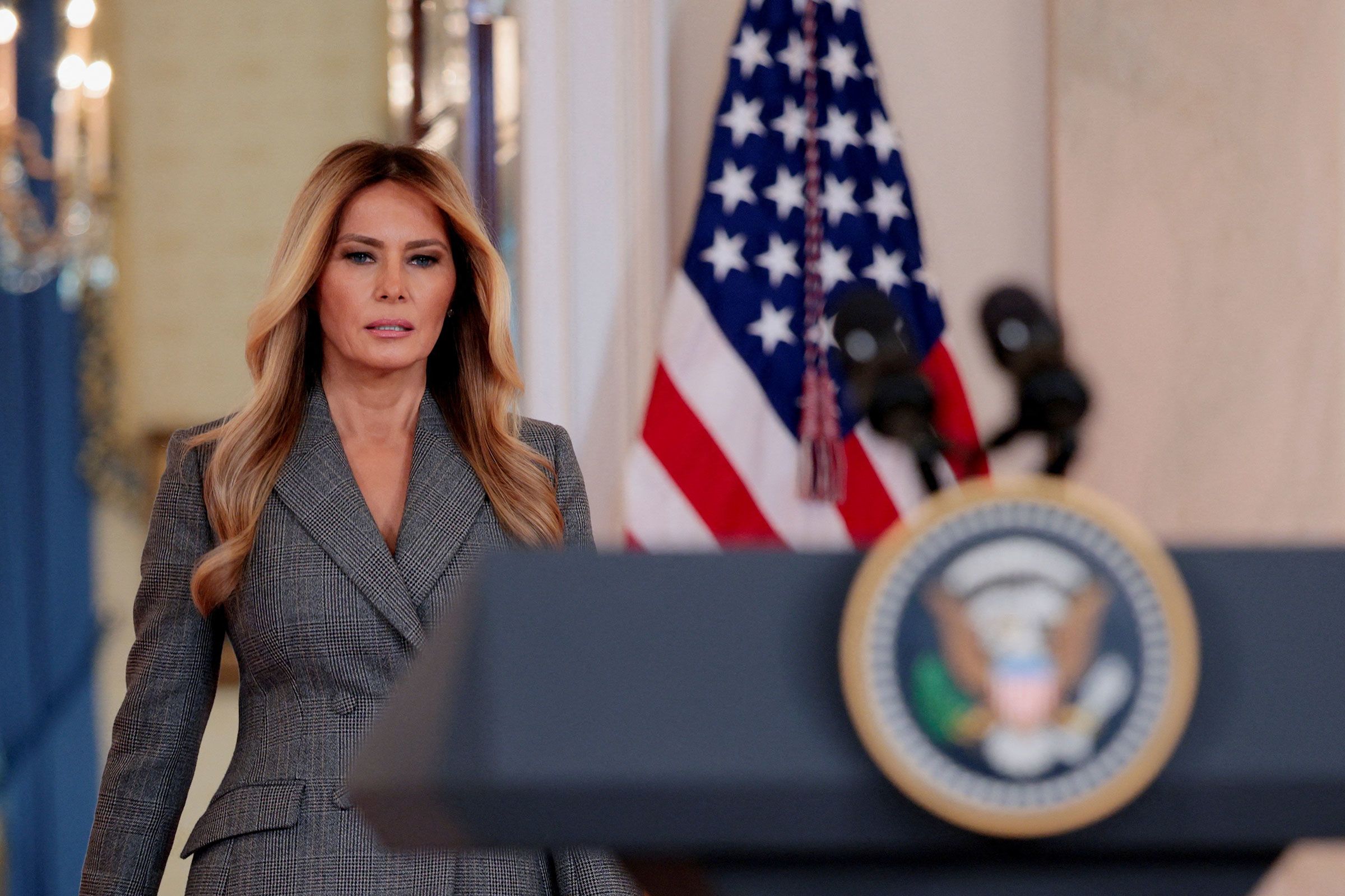 First lady Melania Trump arrives to deliver remarks in the Grand Foyer of the White House on April 9.