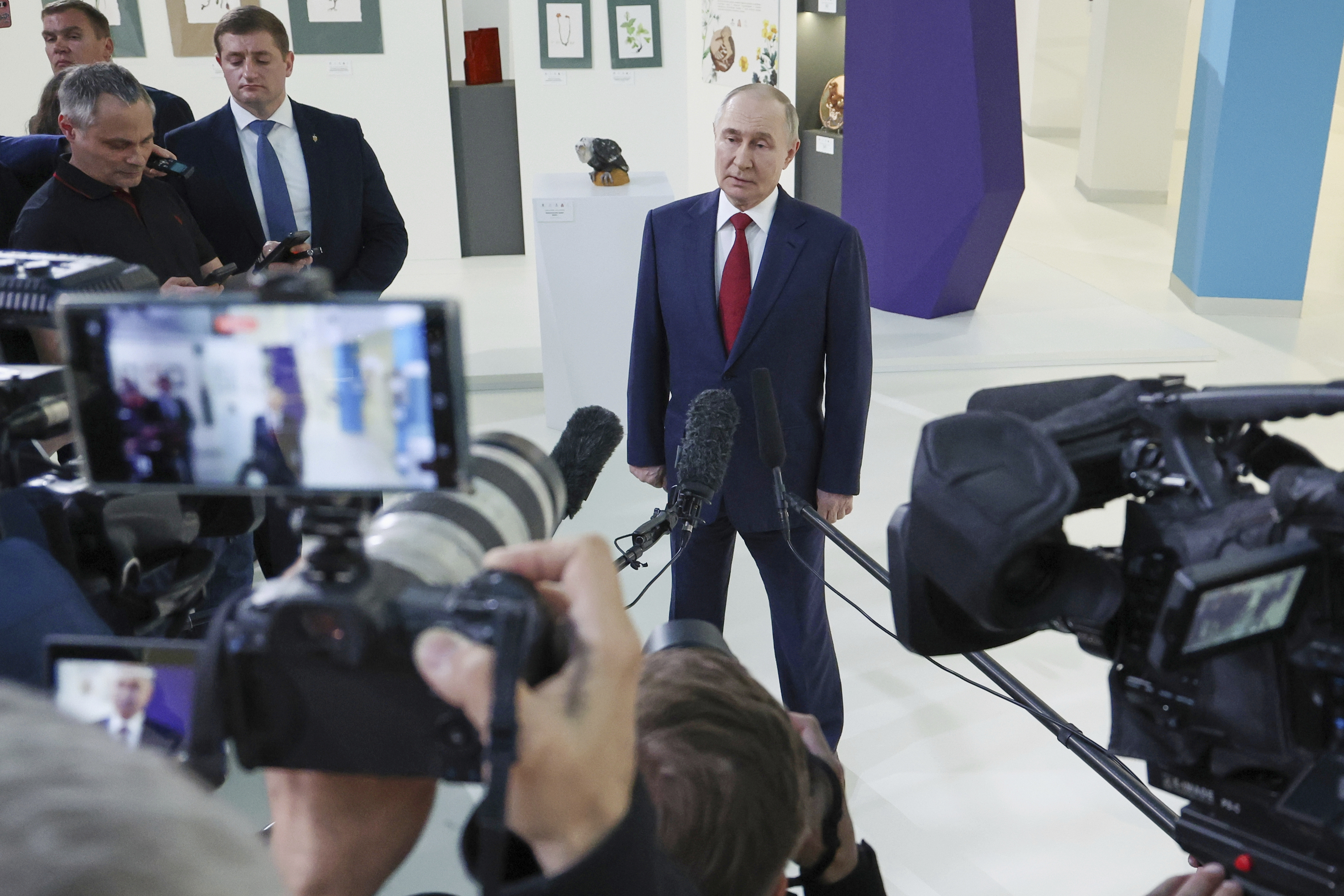 Russian President Vladimir Putin speaks to journalists after his phone call with U.S. President Donald Trump at the Sirius Park of Science and Art outside Sochi, Russia, on May 19, 2025. 
