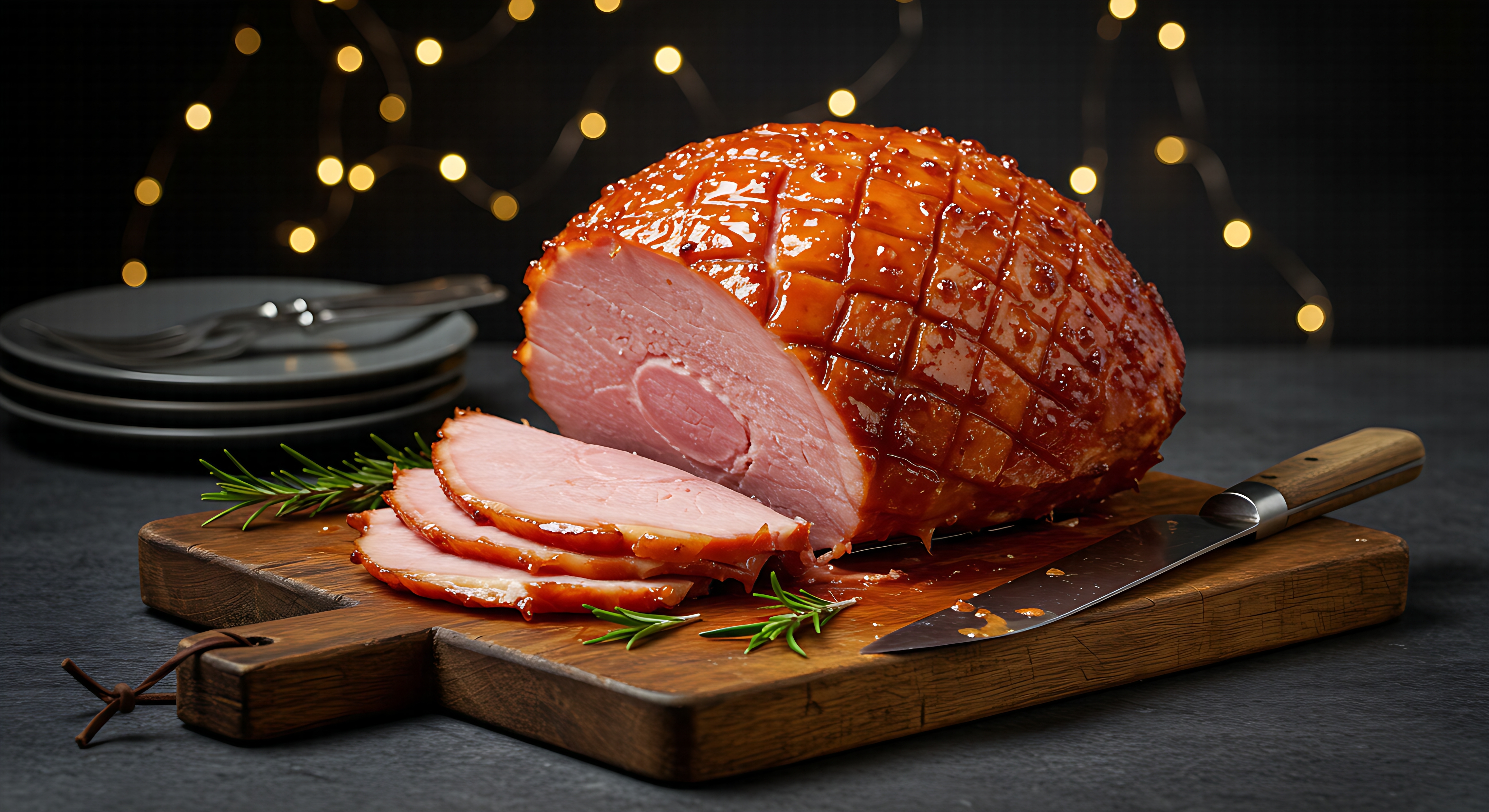 A slow-cooked glazed ham, beautifully browned and glistening, on a vintage carving board.