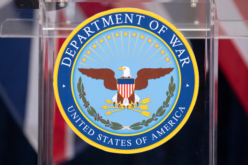 The seal is seen on a podium at the Pentagon, Wednesday, Dec. 10, 2025, in Washington.