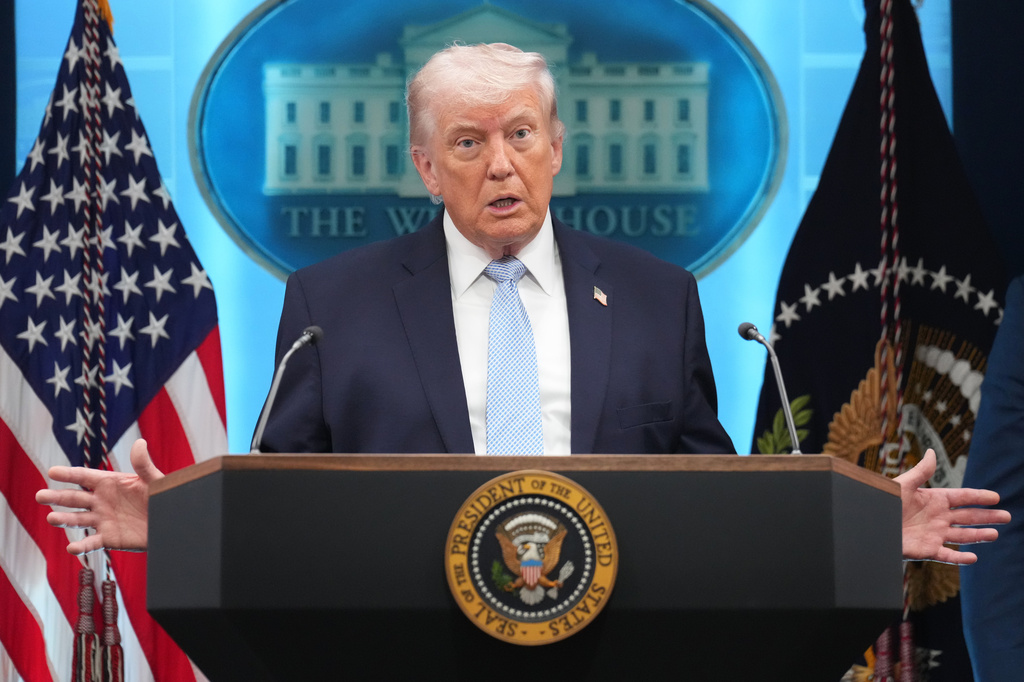 President Donald Trump speaks with reporters during a news conference in the James Brady Press Briefing Room at the White House, Monday, April 6, 2026, in Washington.