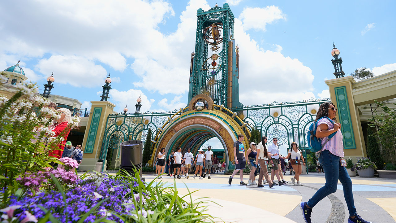 
FILE - Guests arrive at the main entrance to Epic Universe Theme Park at Universal Resort Orlando, April 10, 2025, in Orlando, Fla. (AP Photo/John Raoux, File)