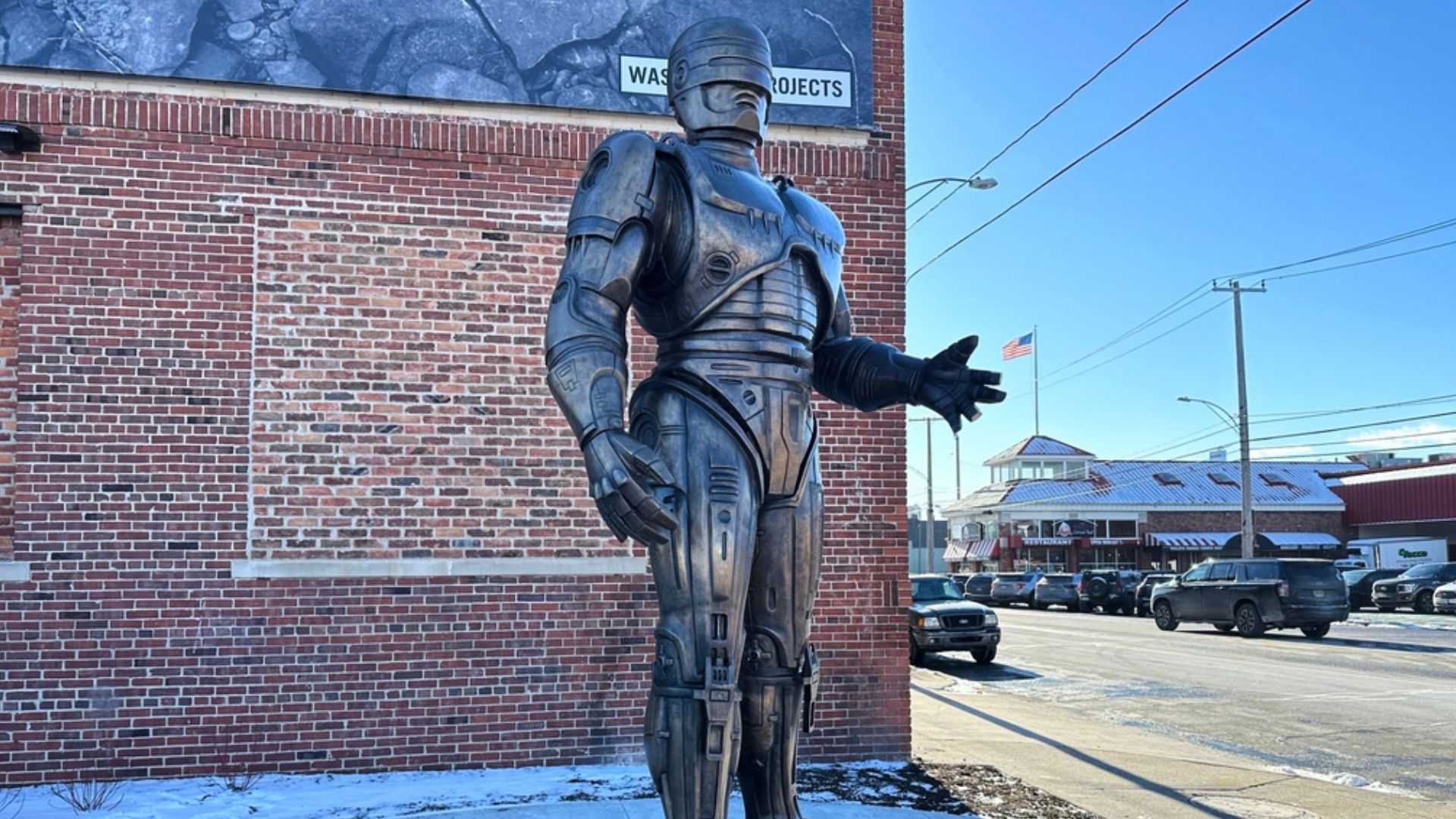 A statue of RoboCop stands outside a business in Detroit's Eastern Market area, Thursday, Dec. 4, 2025.