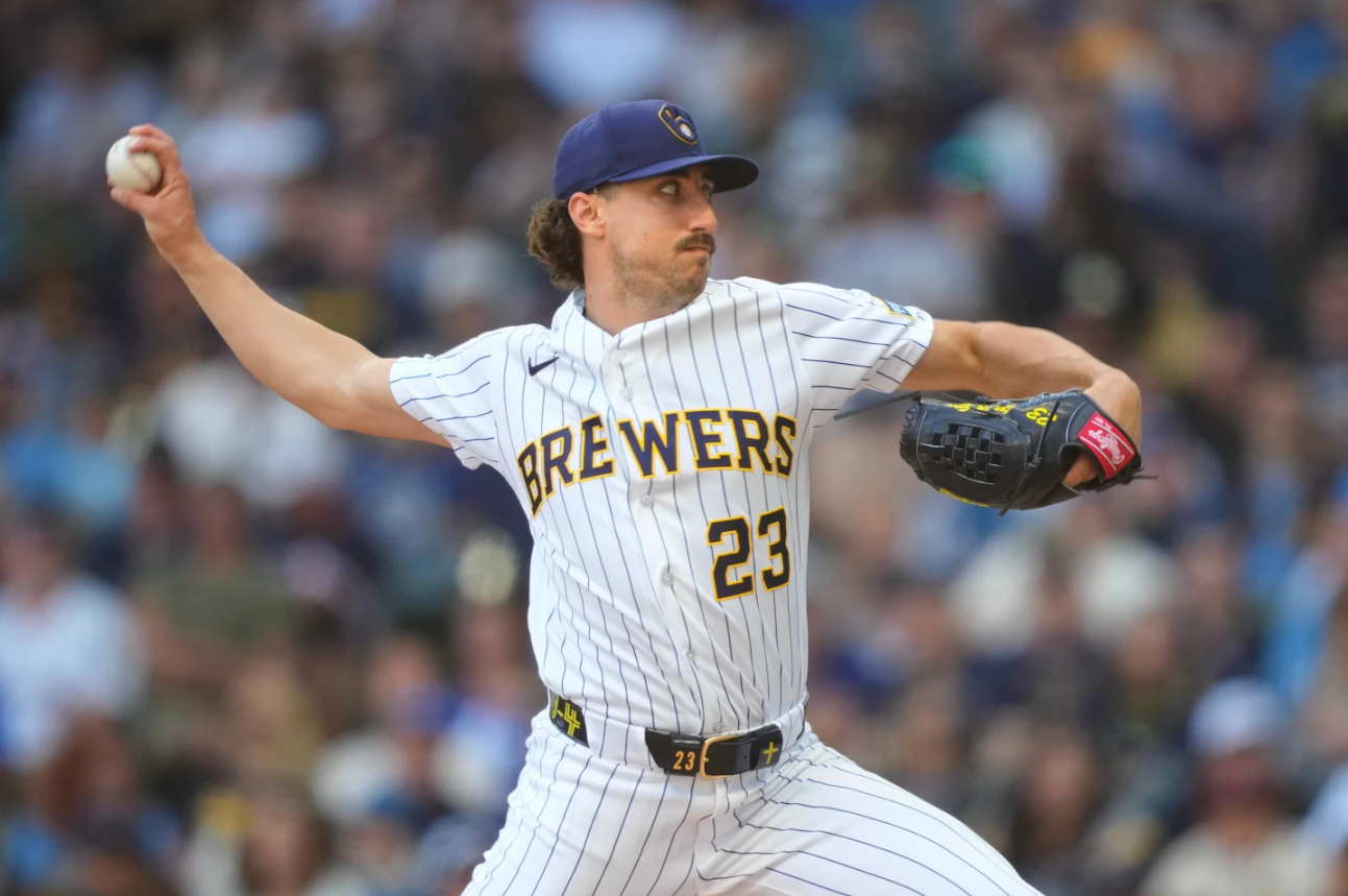 Milwaukee Brewers pitcher Brandon Sproat throws during the third inning of a baseball game against the Los Angeles Dodgers, Sunday, May 24, 2026, in Milwaukee.