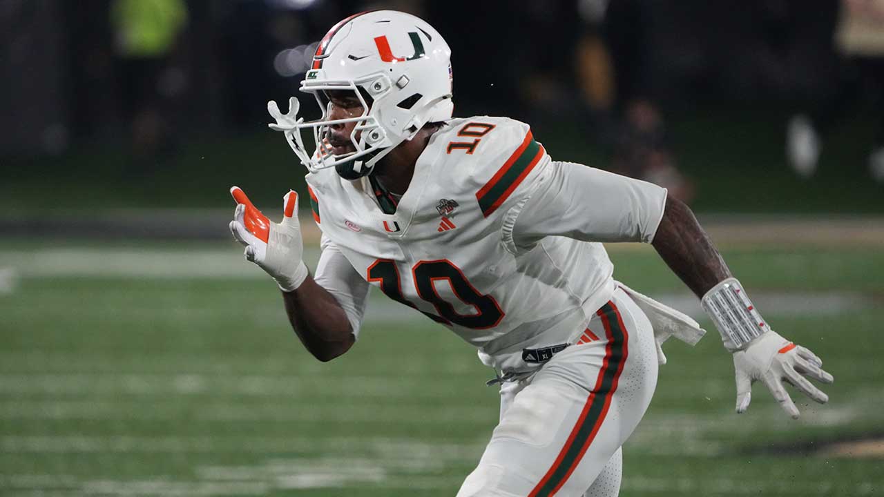 Miami defensive end Damon Wilson II (10) rushes against Wake Forest during the second half of an NCAA college football game in Winston-Salem, N.C., Friday, Sept. 18, 2026. (AP Photo/Chuck Burton)