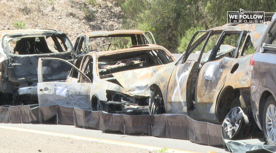 The lot at the end of Santo Road near the Murphy Canyon neighborhood is filled with cars burnt to a crisp. 