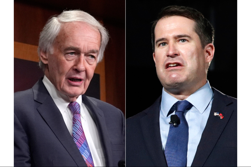 In this combination photo, Sen. Ed Markey, D-Mass., speaks during a news conference at the Capitol in Washington, March 27, 2025, left, and Rep. Seth Moulton, D-Mass., speaks during a candidate forum, Aug. 3, 2019, in Las Vegas.